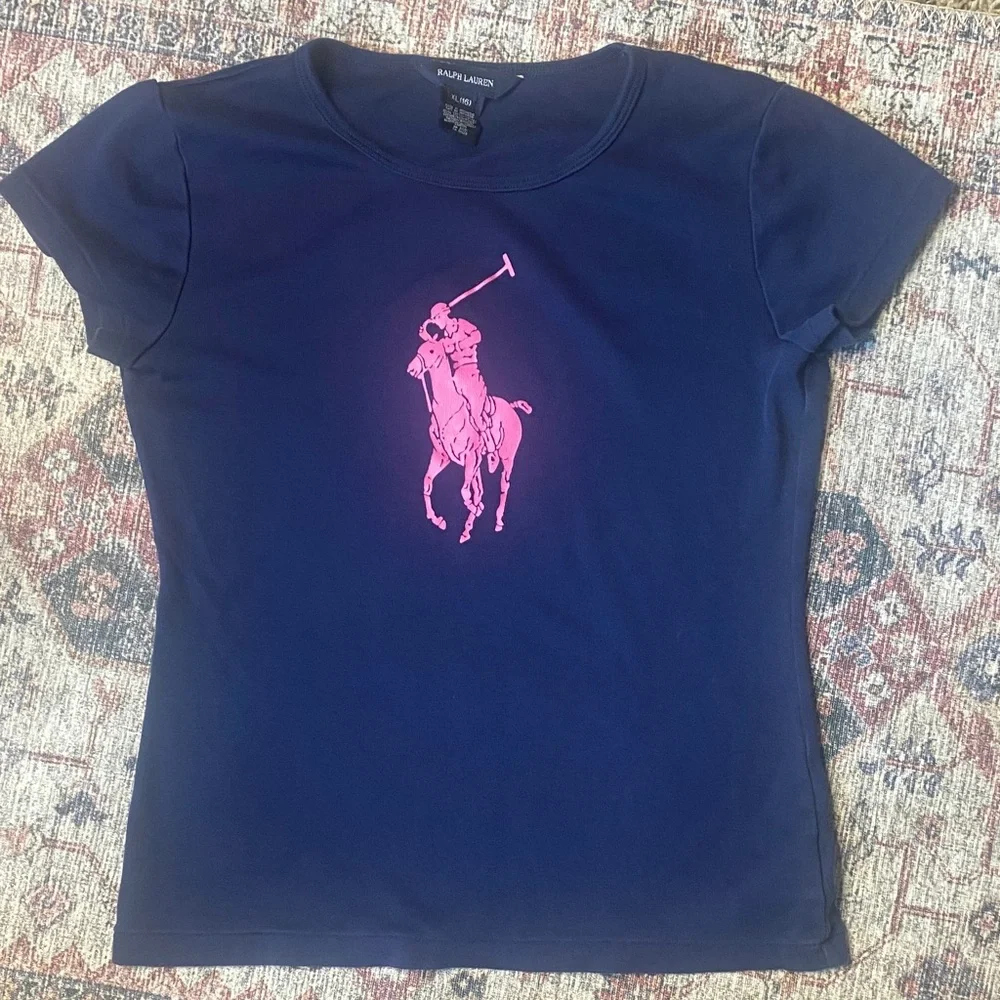 Ralph Lauren Navy Short-Sleeve Tee with Pink Horse Polo Logo 100% Cotton